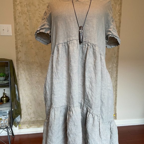 New Francesca Bettini 100% Linen Midi Dress Women's Size 1X Gray Tiered Design - Picture 6 of 13